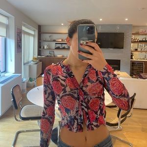 FUZZI vintage floral mesh button-front top